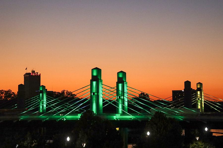 I-35 Bridge lit up green in Waco, Texas