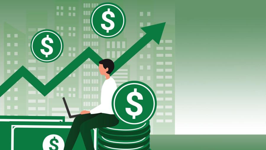 An infographic of a person sitting atop a stack of coins as a chart shows steady increase